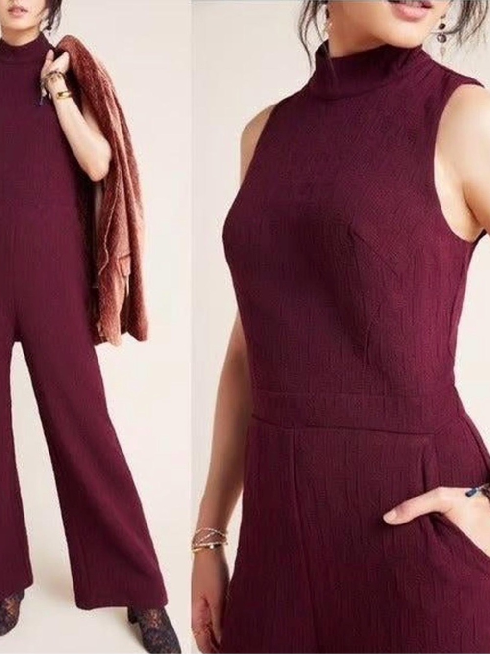 Eva Franco Sleeveless Mock-Neck Wide-Leg Jumpsuit - Wine